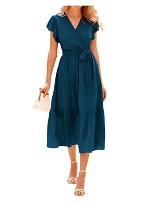 BTFBM Women Summer Bohemian Floral Wrap V Neck Ruffle Cap Sleeveless Belt A-Line Pleated Hem Swing Midi Casual Sun Dress