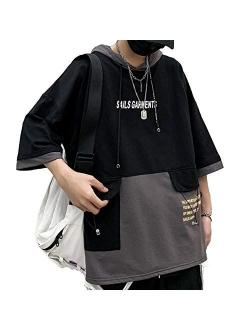 XYXIONGMAO Hooded T-Shirt Loose Large Pockets Colorblock Hoodie Unisex Streetwear Techwear Tee Shirts for Men