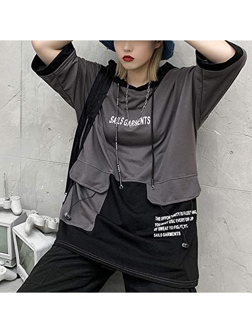 XYXIONGMAO Hooded T-Shirt Loose Large Pockets Colorblock Hoodie Unisex Streetwear Techwear Tee Shirts for Men