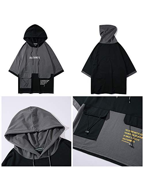 XYXIONGMAO Hooded T-Shirt Loose Large Pockets Colorblock Hoodie Unisex Streetwear Techwear Tee Shirts for Men