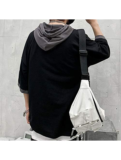 XYXIONGMAO Hooded T-Shirt Loose Large Pockets Colorblock Hoodie Unisex Streetwear Techwear Tee Shirts for Men