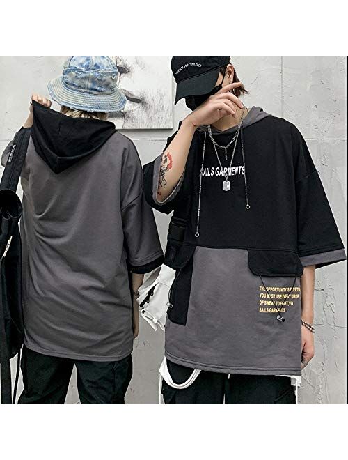 XYXIONGMAO Hooded T-Shirt Loose Large Pockets Colorblock Hoodie Unisex Streetwear Techwear Tee Shirts for Men