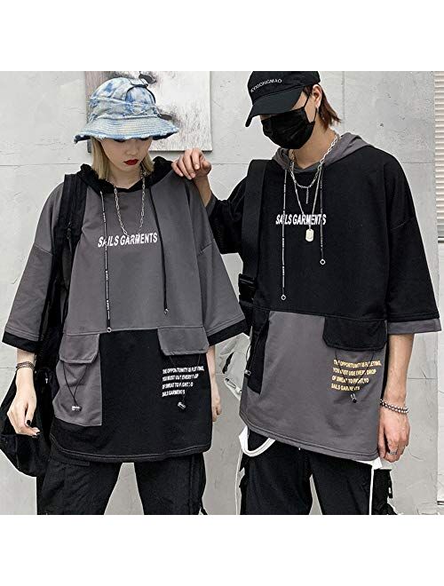 XYXIONGMAO Hooded T-Shirt Loose Large Pockets Colorblock Hoodie Unisex Streetwear Techwear Tee Shirts for Men