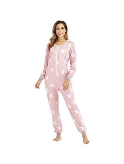 Womens Onesie Ladies Jumpsuit One Piece Printing Pajamas Sleepsuit,Pink,M