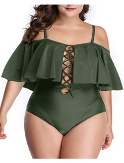 Aqua Eve Women Plus Size One Piece Off Shoulder Swimsuits Lace Up Tummy Control Flounce Bathing Suits