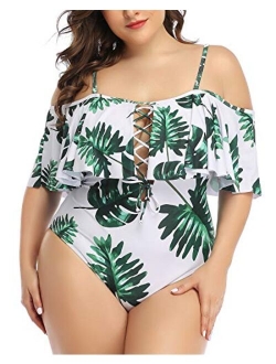 Aqua Eve Women Plus Size One Piece Off Shoulder Swimsuits Lace Up Tummy Control Flounce Bathing Suits