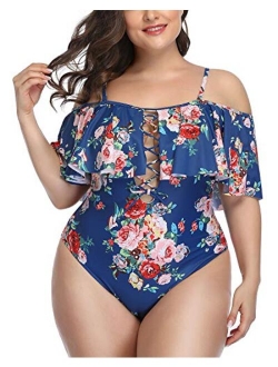 Aqua Eve Women Plus Size One Piece Off Shoulder Swimsuits Lace Up Tummy Control Flounce Bathing Suits