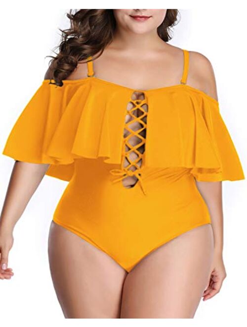 Aqua Eve Women Plus Size One Piece Off Shoulder Swimsuits Lace Up Tummy Control Flounce Bathing Suits