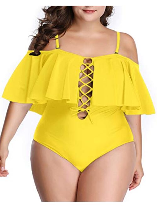 Aqua Eve Women Plus Size One Piece Off Shoulder Swimsuits Lace Up Tummy Control Flounce Bathing Suits