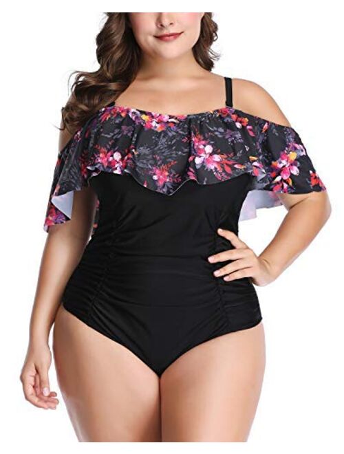 Aqua Eve Women Plus Size One Piece Off Shoulder Swimsuits Lace Up Tummy Control Flounce Bathing Suits