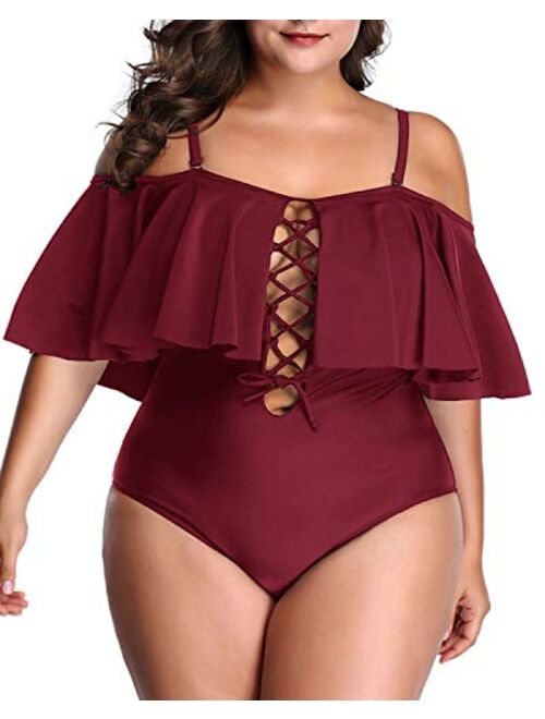 Aqua Eve Women Plus Size One Piece Off Shoulder Swimsuits Lace Up Tummy Control Flounce Bathing Suits