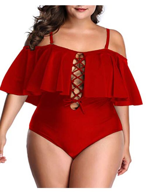 Aqua Eve Women Plus Size One Piece Off Shoulder Swimsuits Lace Up Tummy Control Flounce Bathing Suits