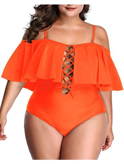 Aqua Eve Women Plus Size One Piece Off Shoulder Swimsuits Lace Up Tummy Control Flounce Bathing Suits