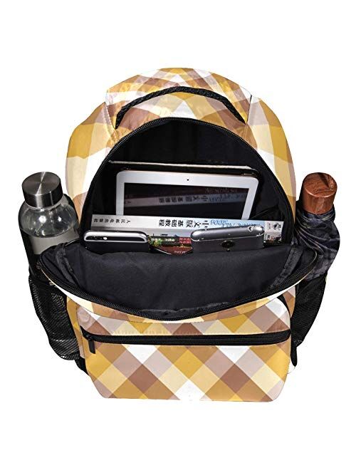 Brown Yellow White Check Pattern Laptop Backpack for Men School Bookbag Travel Rucksack Daypack School Bag for Women Girls