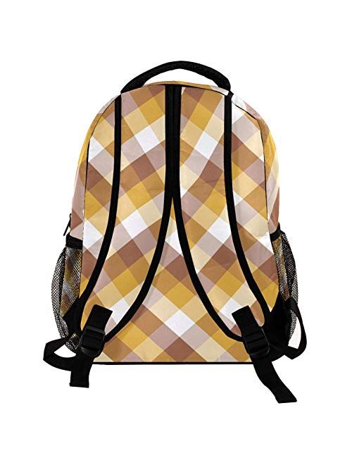 Brown Yellow White Check Pattern Laptop Backpack for Men School Bookbag Travel Rucksack Daypack School Bag for Women Girls