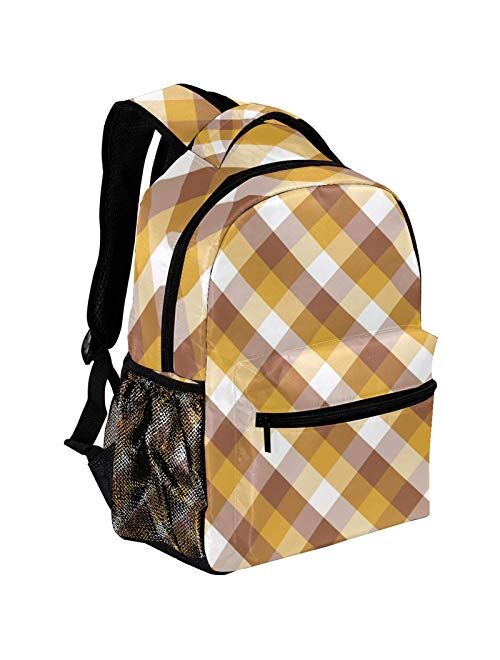 Brown Yellow White Check Pattern Laptop Backpack for Men School Bookbag Travel Rucksack Daypack School Bag for Women Girls