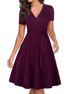 Manydress Women's V Neckline Fit and Flare Vintage Swing Midi Cocktail Party Wrap Dress with Pocket