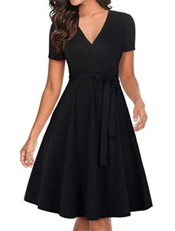 Manydress Women's V Neckline Fit and Flare Vintage Swing Midi Cocktail Party Wrap Dress with Pocket