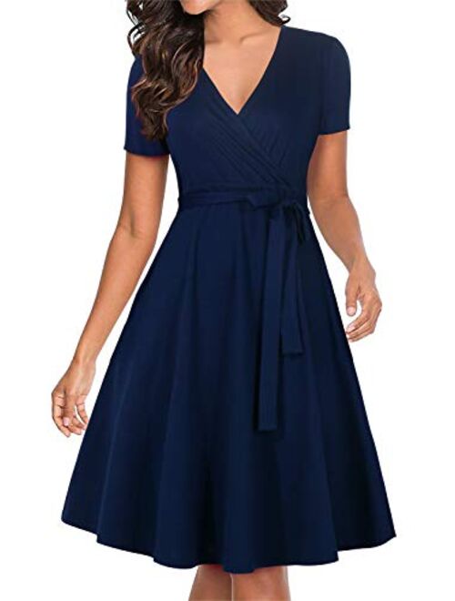 Manydress Women's V Neckline Fit and Flare Vintage Swing Midi Cocktail Party Wrap Dress with Pocket