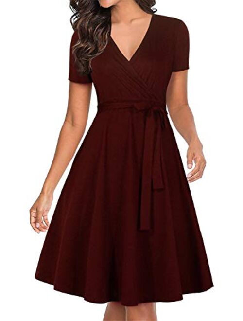 Manydress Women's V Neckline Fit and Flare Vintage Swing Midi Cocktail Party Wrap Dress with Pocket