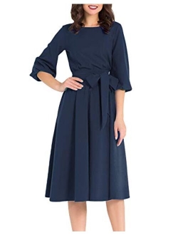 AOOKSMERY Women Elegance Audrey Hepburn Style Round Neck 3/4 Puff Sleeve Swing Midi Dress Long Belt Dresses with Pockets