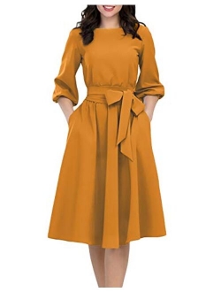 AOOKSMERY Women Elegance Audrey Hepburn Style Round Neck 3/4 Puff Sleeve Swing Midi Dress Long Belt Dresses with Pockets