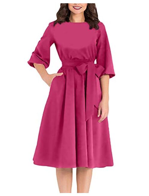 AOOKSMERY Women Elegance Audrey Hepburn Style Round Neck 3/4 Puff Sleeve Swing Midi Dress Long Belt Dresses with Pockets