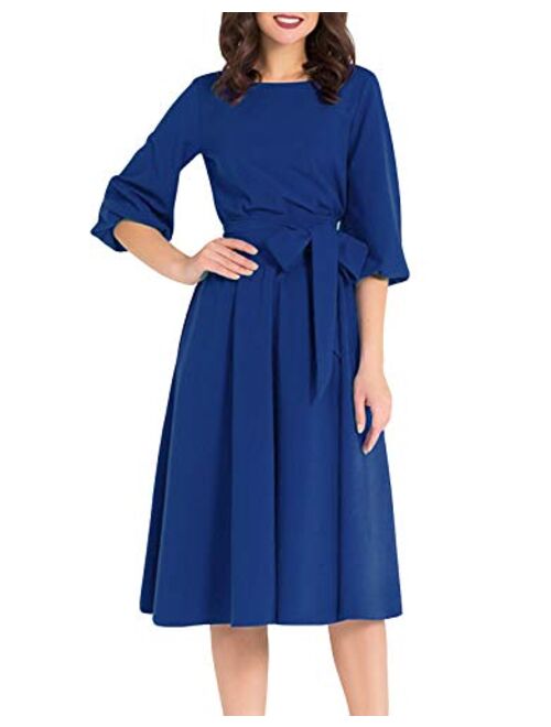 AOOKSMERY Women Elegance Audrey Hepburn Style Round Neck 3/4 Puff Sleeve Swing Midi Dress Long Belt Dresses with Pockets