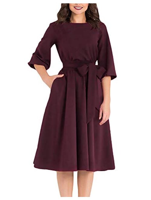 AOOKSMERY Women Elegance Audrey Hepburn Style Round Neck 3/4 Puff Sleeve Swing Midi Dress Long Belt Dresses with Pockets