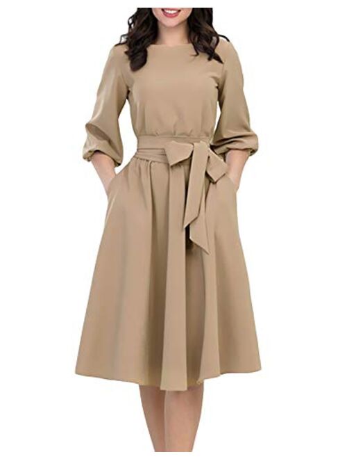 AOOKSMERY Women Elegance Audrey Hepburn Style Round Neck 3/4 Puff Sleeve Swing Midi Dress Long Belt Dresses with Pockets