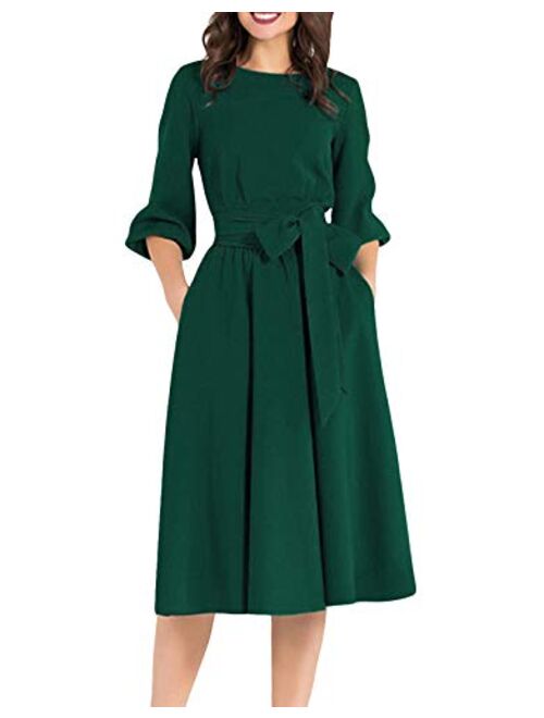 AOOKSMERY Women Elegance Audrey Hepburn Style Round Neck 3/4 Puff Sleeve Swing Midi Dress Long Belt Dresses with Pockets