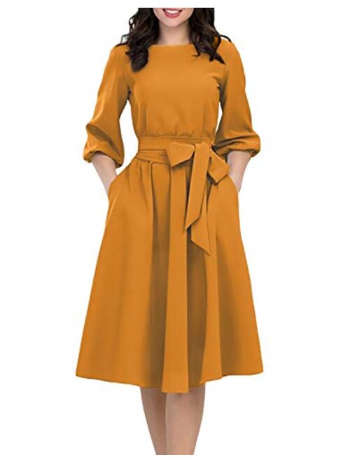 AOOKSMERY Women Elegance Audrey Hepburn Style Round Neck 3/4 Puff Sleeve Swing Midi Dress Long Belt Dresses with Pockets