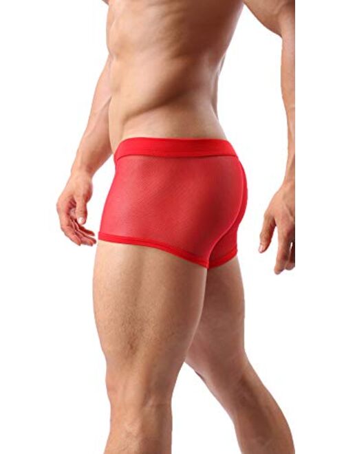 Mens Sexy Underwear Breathable Mesh Boxer Briefs See Through Hollow Lingerie