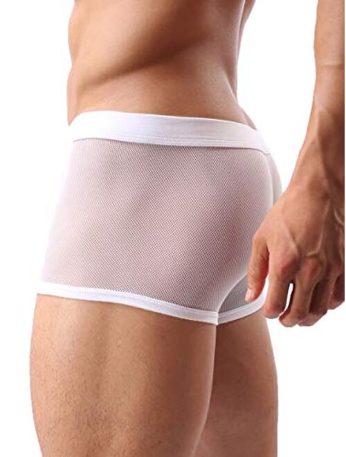 Mens Sexy Underwear Breathable Mesh Boxer Briefs See Through Hollow Lingerie