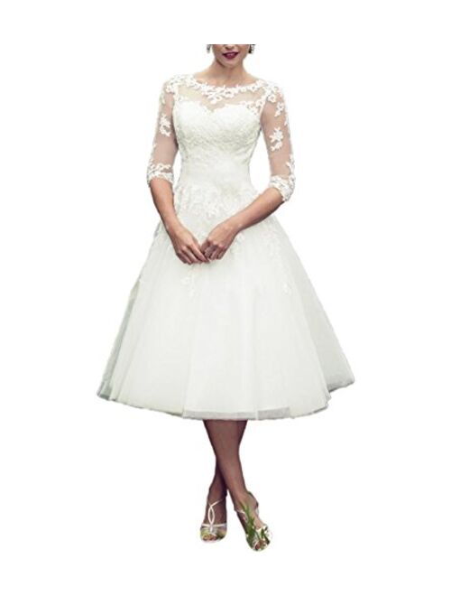 Abaowedding Long Sleeves Lace Short Tea Length Wedding Dress Gown