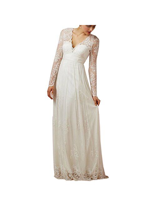 Abaowedding Women's Long Sleeves Lace Up Beach Wedding Dress Bridal Gown