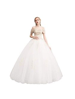 OSEMALL Women's White Ball Gown Bridal Long Wedding Dresses,Golden Flower One Shoulder Lace Bridal Gowns