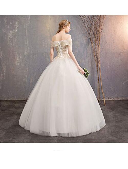 OSEMALL Women's White Ball Gown Bridal Long Wedding Dresses,Golden Flower One Shoulder Lace Bridal Gowns