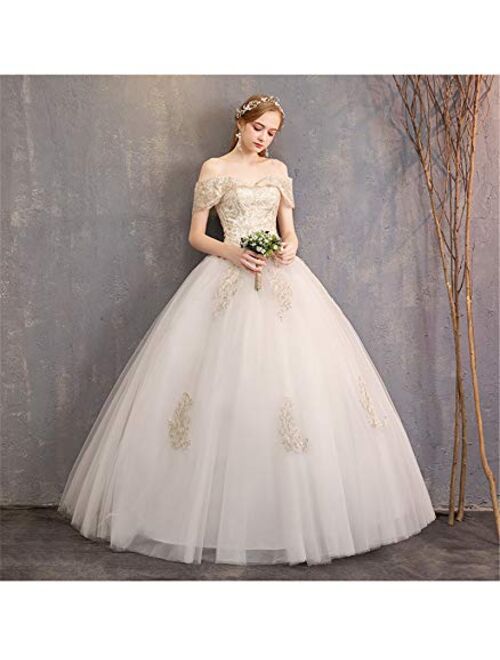 OSEMALL Women's White Ball Gown Bridal Long Wedding Dresses,Golden Flower One Shoulder Lace Bridal Gowns