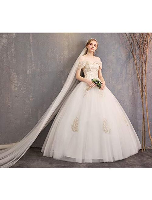 OSEMALL Women's White Ball Gown Bridal Long Wedding Dresses,Golden Flower One Shoulder Lace Bridal Gowns