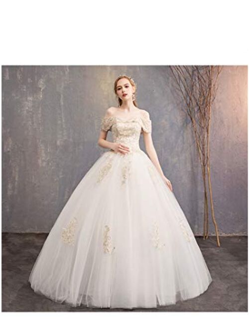 OSEMALL Women's White Ball Gown Bridal Long Wedding Dresses,Golden Flower One Shoulder Lace Bridal Gowns