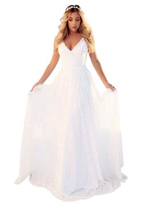 OSEMALL White Long Floral Lace Stylish Wedding Dress for Women,Sexy Backless Dress for Formal Prom,Party,Beach,Bridesmaid