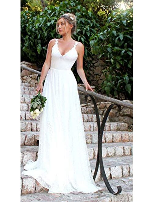 OSEMALL White Long Floral Lace Stylish Wedding Dress for Women,Sexy Backless Dress for Formal Prom,Party,Beach,Bridesmaid