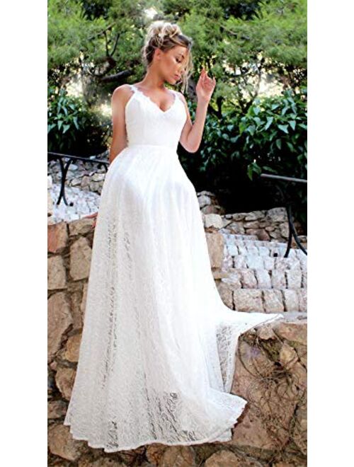 OSEMALL White Long Floral Lace Stylish Wedding Dress for Women,Sexy Backless Dress for Formal Prom,Party,Beach,Bridesmaid