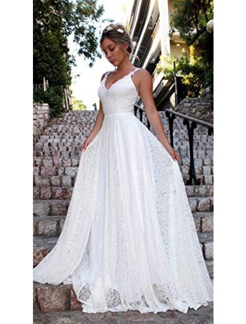 OSEMALL White Long Floral Lace Stylish Wedding Dress for Women,Sexy Backless Dress for Formal Prom,Party,Beach,Bridesmaid