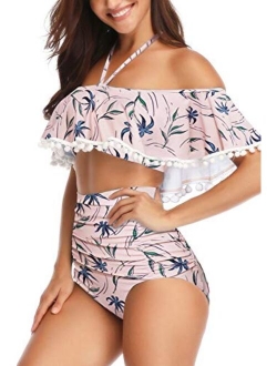 Heat Move Women High Waisted Retro Flounce Off Shoulder Two Piece Swimsuit