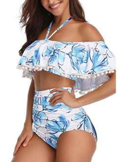 Heat Move Women High Waisted Retro Flounce Off Shoulder Two Piece Swimsuit