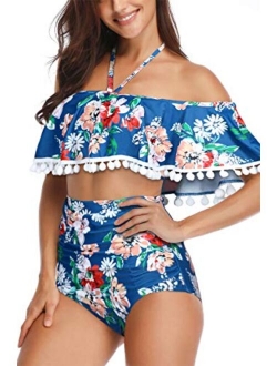 Heat Move Women High Waisted Retro Flounce Off Shoulder Two Piece Swimsuit