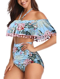 Heat Move Women High Waisted Retro Flounce Off Shoulder Two Piece Swimsuit