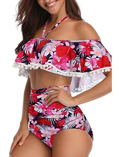 Heat Move Women High Waisted Retro Flounce Off Shoulder Two Piece Swimsuit